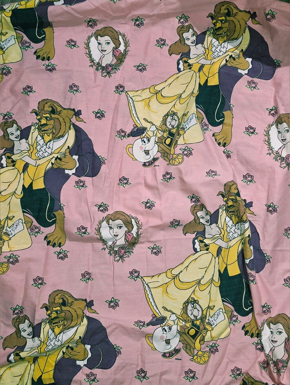 VINTAGE Disney Beauty and the Beast Flat Bed Sheet Twin 1990's Pink - Rare HTF